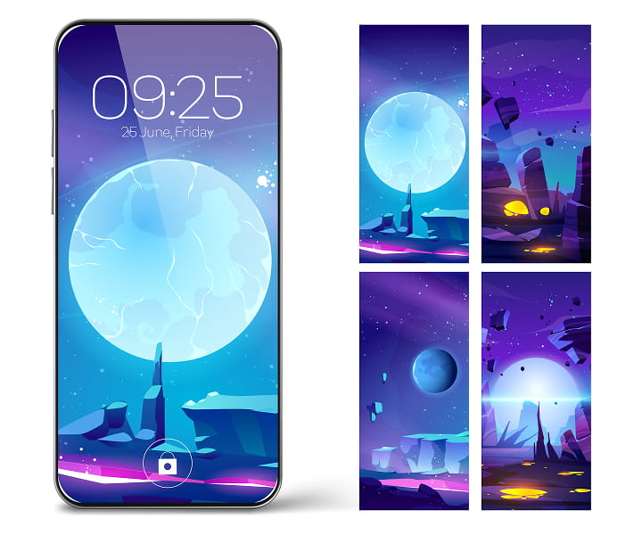 Smartphone mockup with a set of five sci-fi space wallpapers.