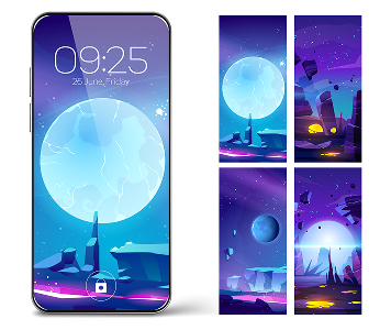 Smartphone mockup with a set of five sci-fi space wallpapers.